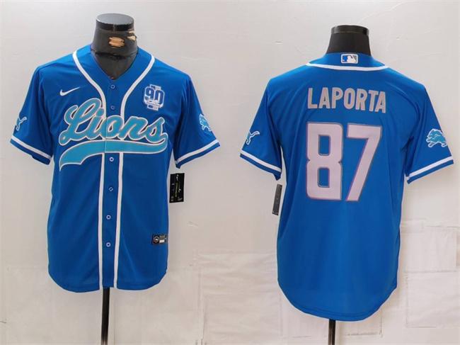 Men's Detroit Lions #87 Sam LaPorta Blue With 90th Anniversary Patch Cool Base Stitched Baseball Jersey Men's Detroit Lions #87 Sam LaPorta Blue With 90th Anniversary Patch Cool Base Stitched Baseball Jersey